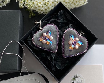 Bead embroidery earrings for woman, velvet heart earrings, big statement earrings