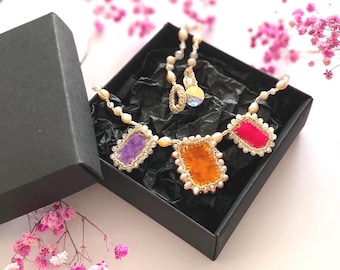 Colorful charms necklace, minimalist beaded neck accessory, handmade boho jewelry, smart casual everyday jewellery