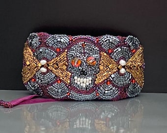 Skull Wrist Cuff: Embroidered Gothic Bracelet, Statement Sugar Skull Jewelry