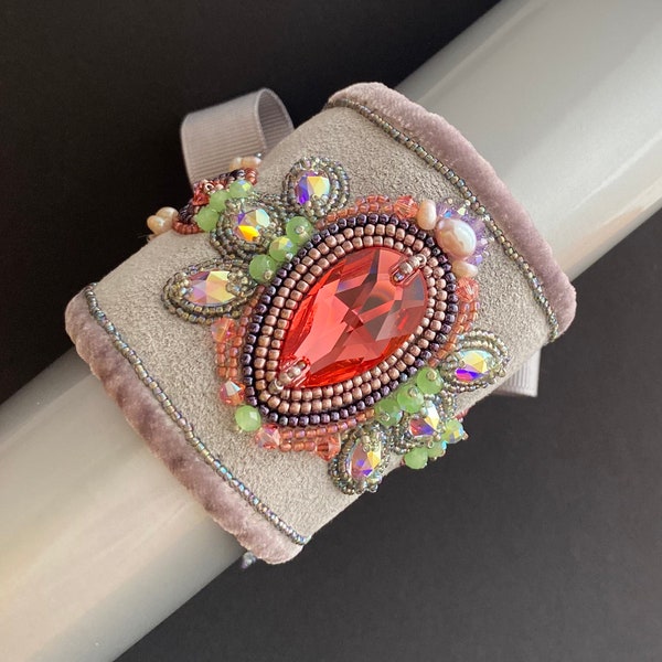 Wide statement cuff for woman, bead embroidery bracelet embellished with crystals, unique handmade bracelet, one of a kind jewelry