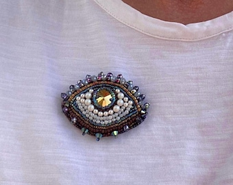Beaded Evil Eye Brooch: Bead Embroidery Jewelry, Protective Amulet, Good Luck Talisman