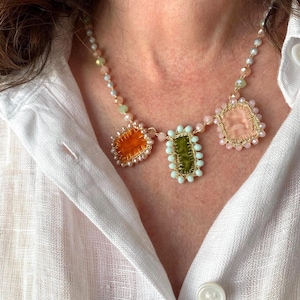 Beaded necklace with handmade velvet charms is a beautiful accessory for every woman. Handmade pastel necklace could be a perfect gift for any occasion.