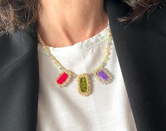 Colorful handmade charms necklace: rich colours velvet jewelry, boho gift for her