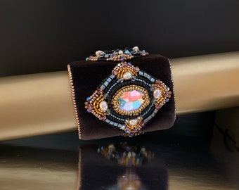 Art deco cuff embellished with crystals statement wide bracelet brown velvet wristband hand embroidery one of a kind jewelry