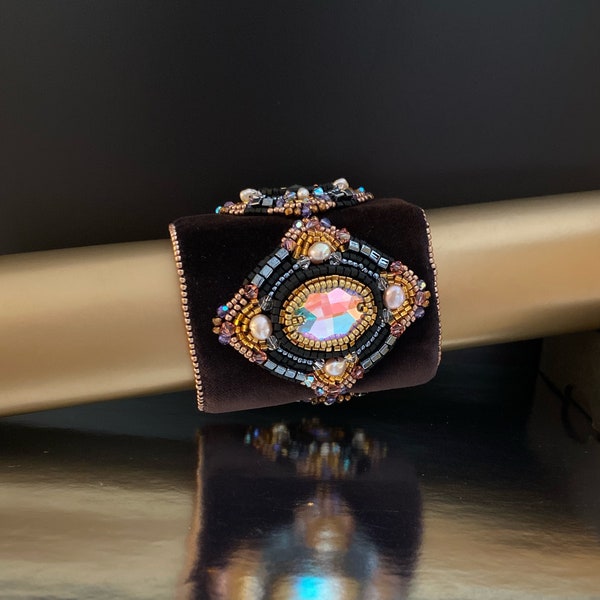 Art deco cuff embellished with crystals statement wide bracelet brown velvet wristband hand embroidery one of a kind jewelry