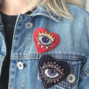 Red heart brooch, black velvet pin, evil eye embroidery brooch, handmade embroidered amulet, protective talisman jewelry, heart gift for her