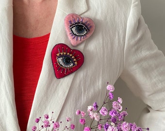 Evil eye brooch for woman, pink or rose heart brooch, hand embroidery eye, heart jewelry gift for luck