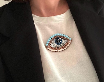 Beaded Evil Eye Brooch: Boho Protection Pin, Talisman Jewelry, Good Luck Amulet, Spiritual Gift for Friend