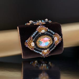 Beadwork Velvet Cuff Bracelet: Art Deco Crystal Embroidered Wristband