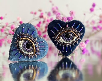 Evil eye brooch for woman embroidered eye heart pin brooch hand embroidery jewelry protective eye talisman pin