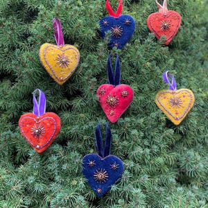 Velvet heart ornament, embroidered heart ornate, holiday decoration, Christmas tree element, home decor