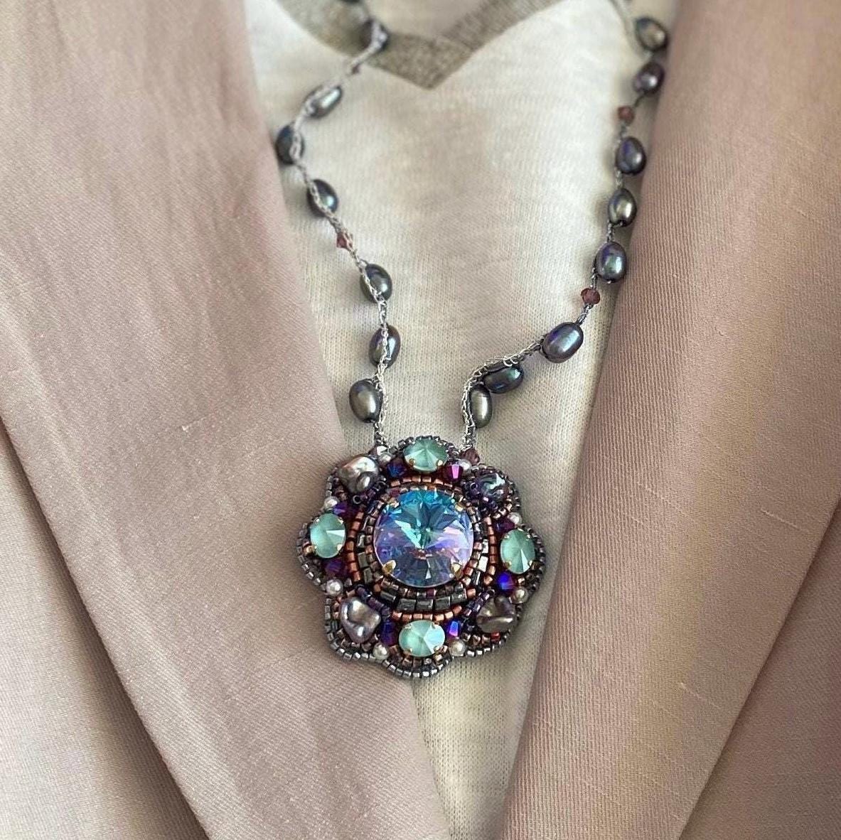 Long pearl necklace, chunky crystal pendant, bead embroidery jewelry, unique design neckwear, one of a kind gift