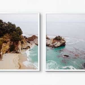 May include: Two framed photographs of a rocky coastline with turquoise water. The left photo shows a beach with a waterfall and a cliff with trees. The right photo shows a rocky island with trees and turquoise water.