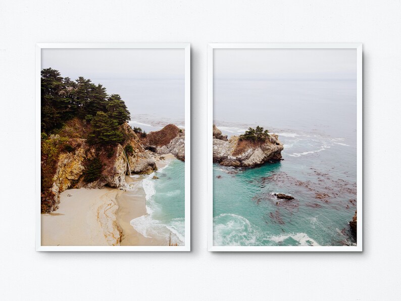 May include: Two framed photographs of a rocky coastline with turquoise water. The left photo shows a beach with a waterfall and a cliff with trees. The right photo shows a rocky island with trees and turquoise water.