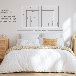 May include: Diagram showing three different sizes of wall art prints, labeled "Small", "Medium", and "Large". The measurements for each size are listed in inches. The diagram shows the prints above a bed with a white duvet cover and two tan throw pillows. The text "Bed is 60" wide" is below the diagram.