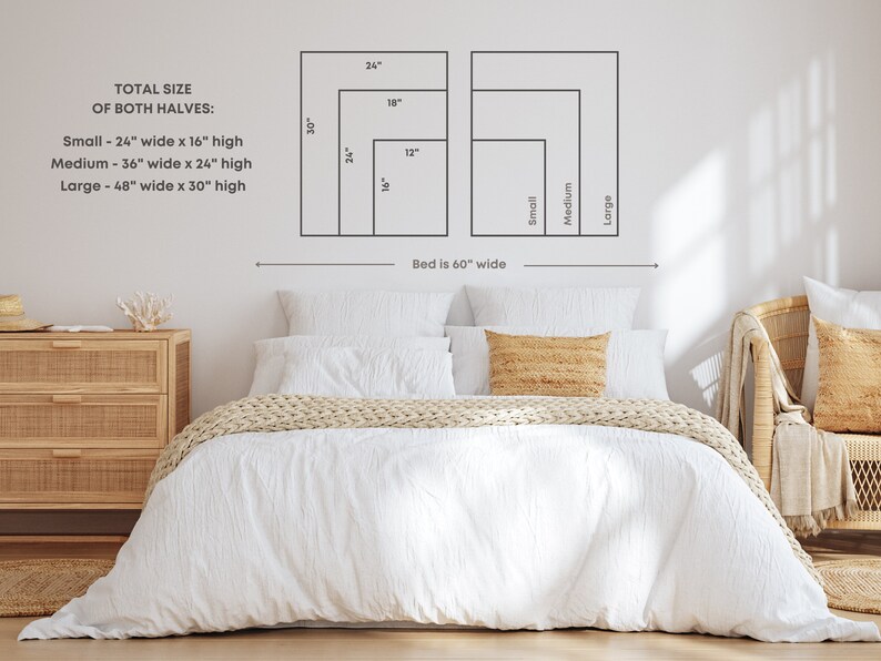 May include: Diagram showing three different sizes of wall art prints, labeled "Small", "Medium", and "Large". The measurements for each size are listed in inches. The diagram shows the prints above a bed with a white duvet cover and two tan throw pillows. The text "Bed is 60" wide" is below the diagram.