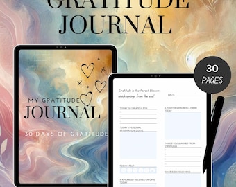 May include: A digital gratitude journal with a colourful abstract background. The journal has 30 pages and includes prompts for daily reflection, such as "Today I'm grateful for", "A positive experience from today", and "Things you learned from struggles".