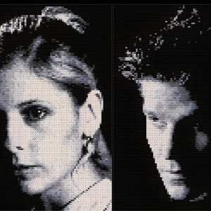 May include: A black and white pixelated image of two portraits. The left portrait is of a woman with her hair pulled back, and the right portrait is of a man. Both portraits are in profile, with the subjects looking away from the viewer.