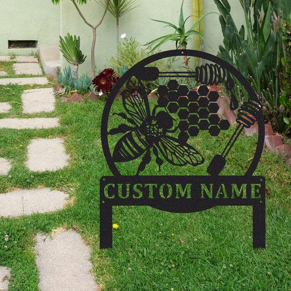 Custom Metal BEE Sign with Yard Stakes,Bee Lovers Gift,Honeycomb Metal Sign,Personalized Honey Bee Stake Sign,Lawn Art,Gift for Bee Keeper