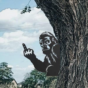 Peek A Boo Bigfoot Flipping Off Metal Sign,Peaking Flip off Bigfoot,Sasquatch Tree Decor,Peaking Bigfoot Metal Sign,Bigfoot Middle Finger