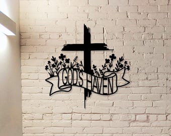 Letrero metálico con cruz de fe personalizada, letrero con apellido, letrero cristiano, decoración para puerta de entrada, decoración de casa, arte de pared con cruz.