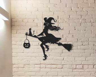 Witch Flying on a Broomstick Metal Sign,Halloween Gift,Halloween Door Decor,Witch Halloween Decor,Witch on a broom wall art,Door Hanger