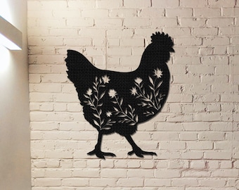 Floral Chicken Metal Sign, Farmhouse Hen House Decor