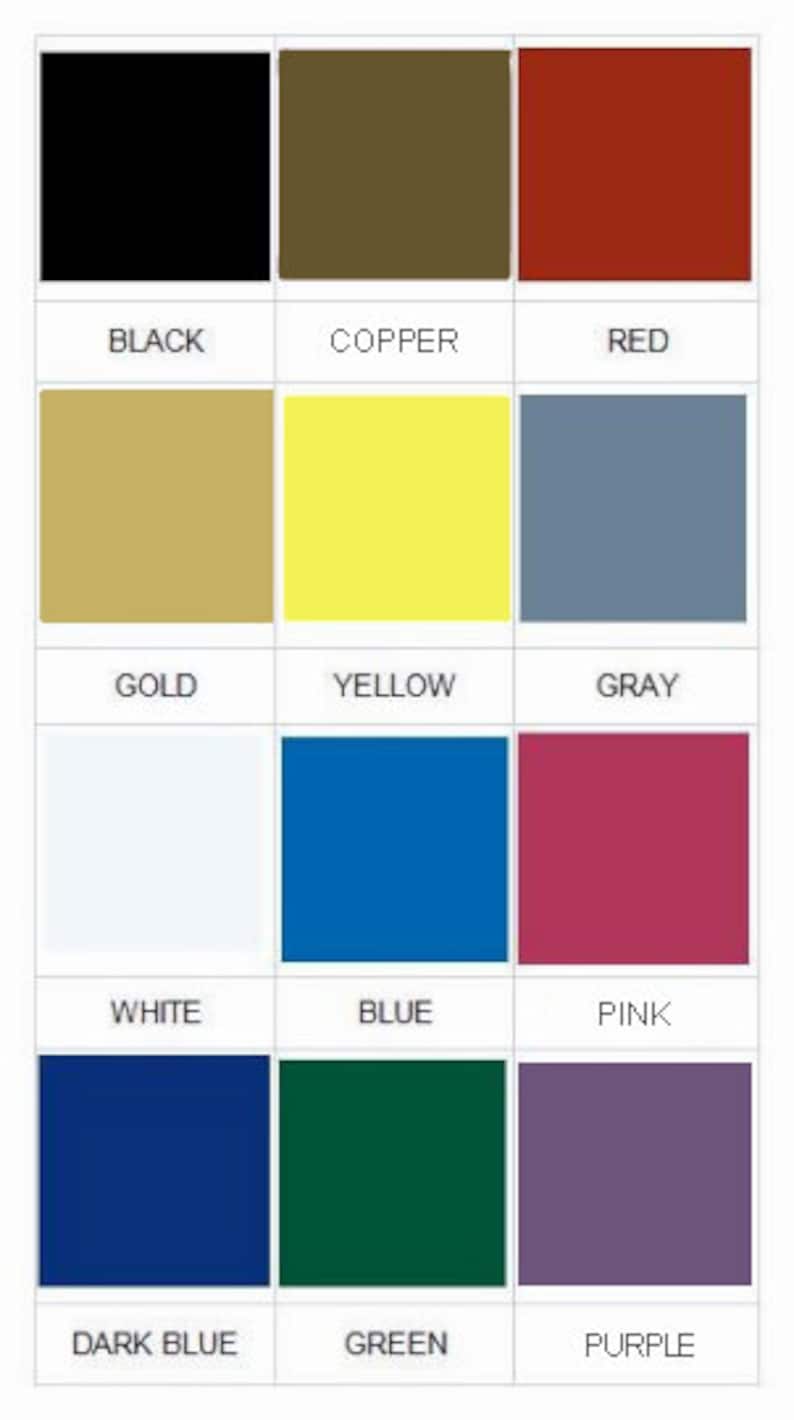 May include: A color chart with 12 different colors, including black, copper, red, gold, yellow, gray, white, blue, pink, dark blue, green, and purple.