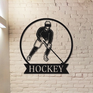 Enseigne de hockey personnalisée en métal, décoration murale de hockey, oeuvre d&#39;art murale en métal de bâtons de hockey, enseigne personnalisée du nom de joueur de hockey, enseigne de hockey pour décoration de chambre d&#39;enfants