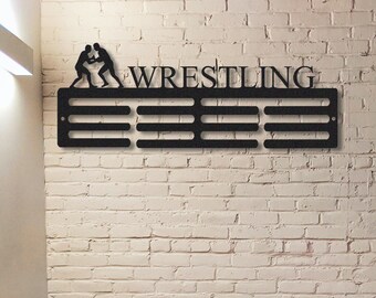 Customize Men's Wrestling Sport Medal Hanger Metal Sign,Medal Display,Medal Holder Display,12 Rungs for medals&Ribbons,metal sign,wall decor