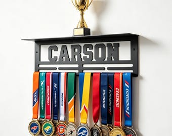 Porte-médailles personnalisé avec étagère pour trophées - Présentoir de récompenses sportives avec nom personnalisé