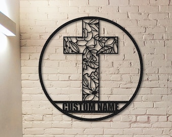 Letrero de metal con cruz de fe, letrero con nombre de familia personalizado, letrero con apellido, decoración de puerta de entrada, monograma inicial, decoración de casa, arte de pared con cruz