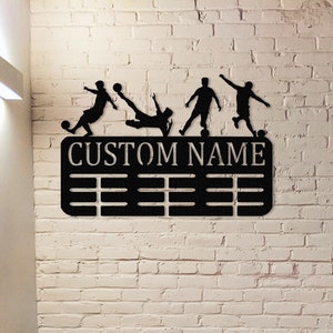 Custom Soccer Medal Holder, Personalized Soccer Name Medal Hanger,Soccer Medal Hanger Display,12 Rungs for Medals,Soccer Awards Display