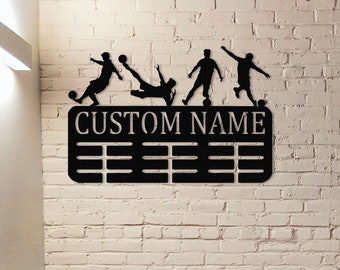 Custom Soccer Medal Holder, Personalized Soccer Name Medal Hanger,Soccer Medal Hanger Display,12 Rungs for Medals,Soccer Awards Display