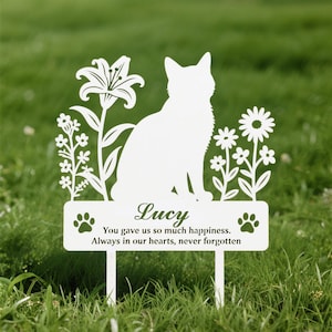 Personalized Cat Memorial Stakes Sign,Custom Cat Name Sign,Cat Grave Marker,Metal Cat Garden Stake with Flowers,Cat Garden Decor,Yard Art