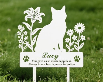 Personalized Cat Memorial Stakes Sign,Custom Cat Name Sign,Cat Grave Marker,Metal Cat Garden Stake with Flowers,Cat Garden Decor,Yard Art