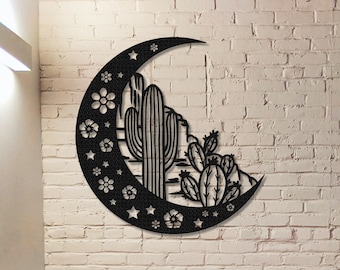 Cartel de Metal de Luna de Cactus, arte de pared de Cactus, decoración de pared de Cactus, decoración de puerta delantera, colgador de puerta, decoración al aire libre, decoración de habitación de Cactus, decoración de guardería