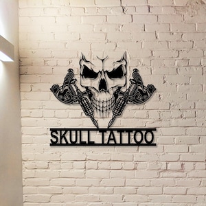 Letrero de metal con forma de máquina de tatuajes de calavera, decoración personalizada para tienda de tatuajes, decoración de pared para estudio de tatuajes, regalo para tatuadores, arte de pared de metal con máquina de tatuajes