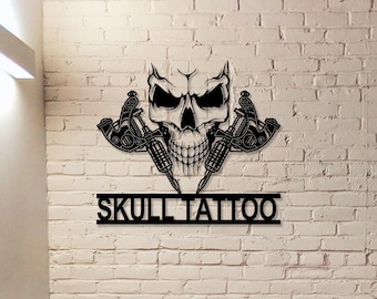 Skull Tattoo Machine Metal Sign,Custom Tattoo Shop Decor,Tattoo Studio Wall Decor,Tattoo Artist Gift,Tattoo Machine Metal Wall Art