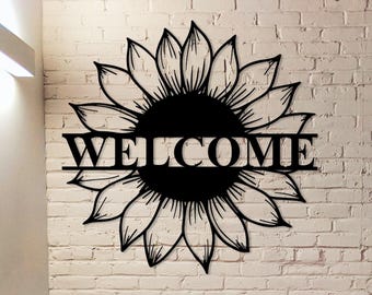 Letrero metálico de girasol personalizado, decoración de pared de girasol, letrero con nombre de girasol personalizado, decoración de jardín, letrero de bienvenida, decoración de girasol para sala de estar