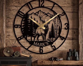 Personalized Hunting Wall Clock For Him, Metal Deer Clock, Custom Name Clock Decor, New Home Gift, Man Cave Decor, Cabin Decor