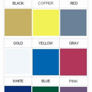 May include: A color chart with 12 different colors, including black, copper, red, gold, yellow, gray, white, blue, pink, dark blue, green, and purple.