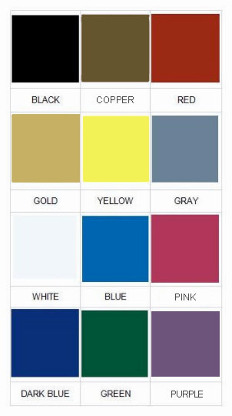 May include: A color chart with 12 different colors, including black, copper, red, gold, yellow, gray, white, blue, pink, dark blue, green, and purple.