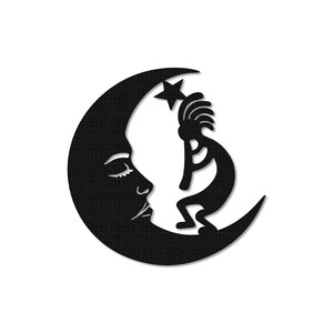 Peut inclure: Silhouette noire d'une figure de Kokopelli am&eacute;rindienne dansant sur une lune croissante avec une &eacute;toile au-dessus.