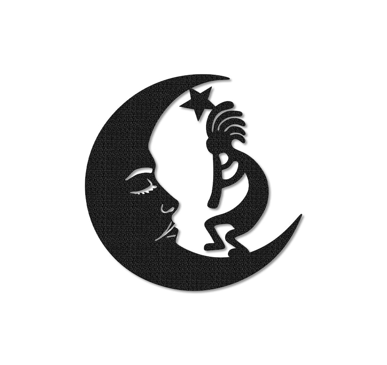 Peut inclure: Silhouette noire d'une figure de Kokopelli am&eacute;rindienne dansant sur une lune croissante avec une &eacute;toile au-dessus.