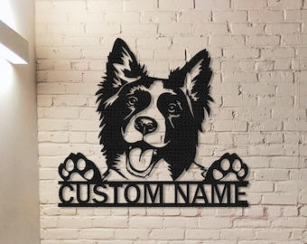 Letrero de metal personalizado con diseño de Border Collie, letrero con nombre de perro personalizado, decoración para casa de perro, regalo para amantes de las mascotas, letrero para mamá de perro, arte de pared para mascotas, letrero con monograma de perro