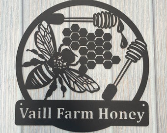 Farm Sign,Bee Sign,Honeycomb metal sign,Custom Farm Name Sign,Personalized Sign,Beekeeper Gift,Honey Bee Sign,Honey Bee Wall Art