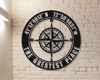 Custom Coordinates Sign,GPS Coordinates Sign,Personalized Nautical Compass Wall Art, Latitude and Longitude Sign,Room Decoration