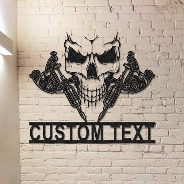 Skull Tattoo Machine Metal Sign,Custom Tattoo Shop Decor,Tattoo Studio Wall Decor,Tattoo Artist Gift,Tattoo Machine Metal Wall Art
