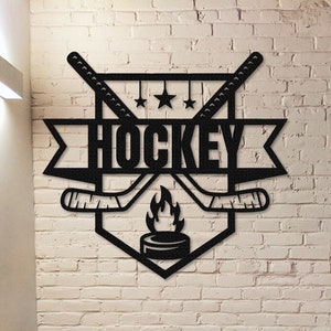 Art mural en métal de bâton de hockey, signe en métal de hockey personnalisé, décor de mur de hockey, signe de nom de joueur de hockey personnalisé, signe de hockey pour le décor de chambre d&#39;enfants